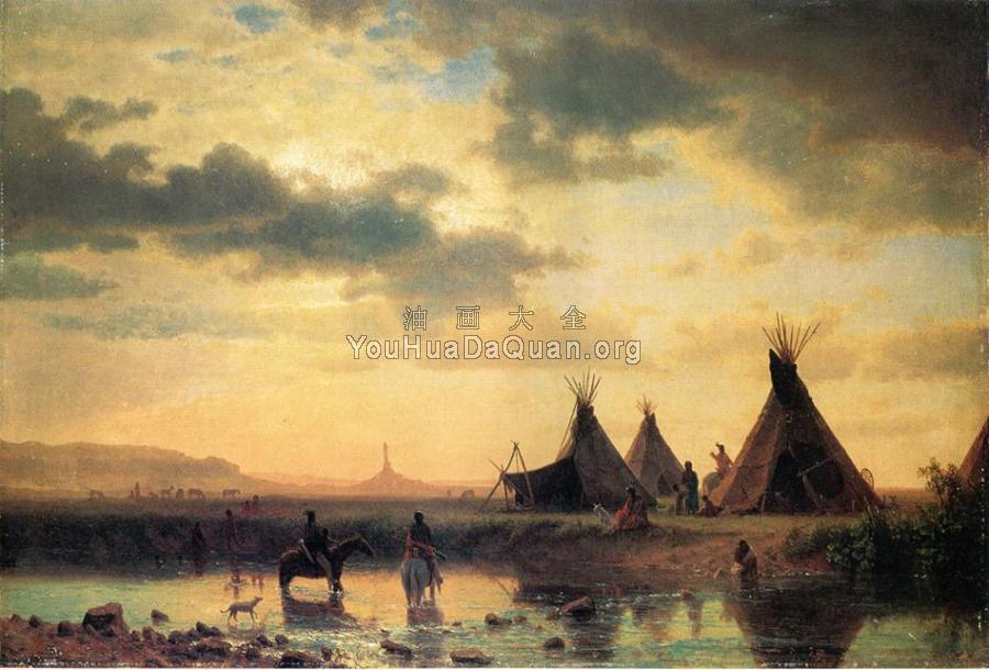 View of Chimney Rock Ogalillalh Sioux Village in Foreground - 阿尔伯特·比尔施塔特